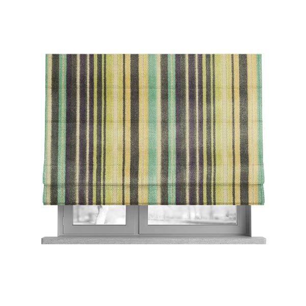Ziani Cut Velvet Fabric In Broad Line Pattern Winter Yellow Teal Purple Grey Colour JO-68 - Roman Blinds