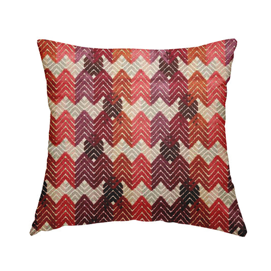 Ziani Geometric Chevron Stripe Pattern In Vibrant Orange Pink Purple Red Colour Velvet Upholstery Fabric JO-82 - Handmade Cushions