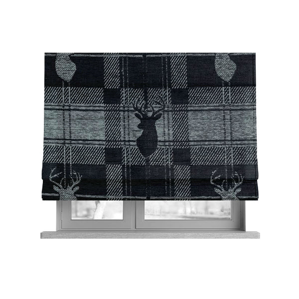 Highland Collection Luxury Soft Like Cotton Feel Stag Deer Head Animal Design On Checked Grey Black Background Chenille Upholstery Fabric JO-84 - Roman Blinds