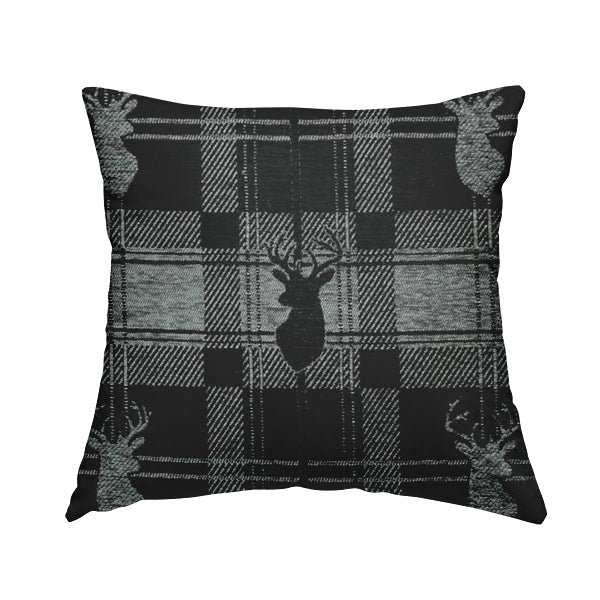 Highland Collection Luxury Soft Like Cotton Feel Stag Deer Head Animal Design On Checked Grey Black Background Chenille Upholstery Fabric JO-84 - Handmade Cushions