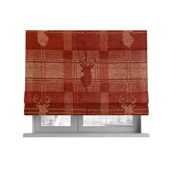 Highland Collection Luxury Soft Like Cotton Feel Stag Deer Head Animal Design On Checked Orange Peach Background Chenille Upholstery Fabric JO-85 - Roman Blinds