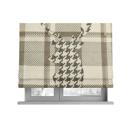 Stag Head Geometric Pattern Checked Beige Brown Colour Soft Jacquard Woven Chenille Fabric JO-86 - Roman Blinds