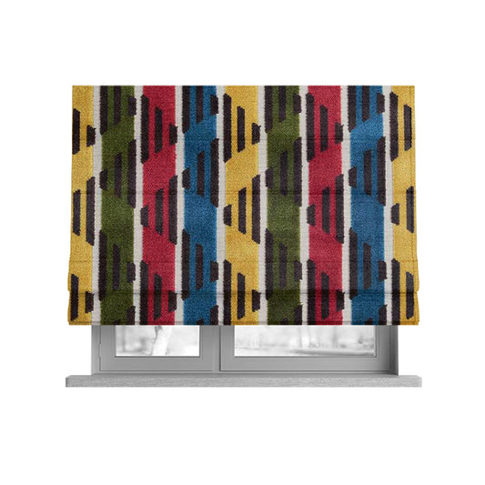 Ziani Designer Stripe Pattern In Vibrant Green Pink Yellow Brown Blue Colour Velvet Upholstery Fabric JO-89 - Roman Blinds