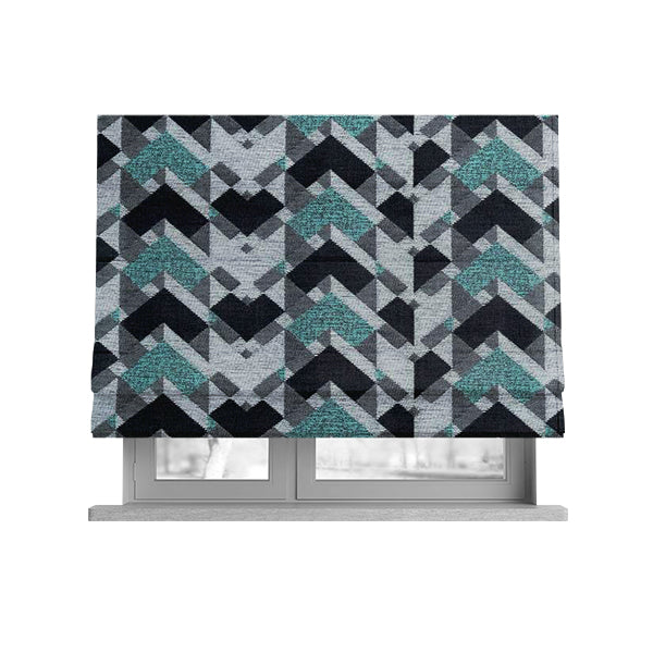 3D Modern Geometric Pattern Furnishing Fabric In White Black Teal Colours Woven Soft Chenille Fabric JO-102 - Roman Blinds