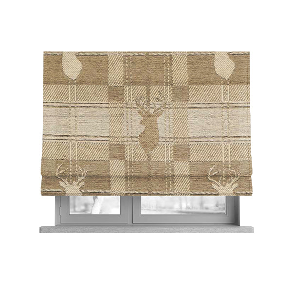 Highland Collection Luxury Soft Like Cotton Feel Stag Deer Head Animal Design On Checked Golden Beige Background Chenille Upholstery Fabric JO-108 - Roman Blinds