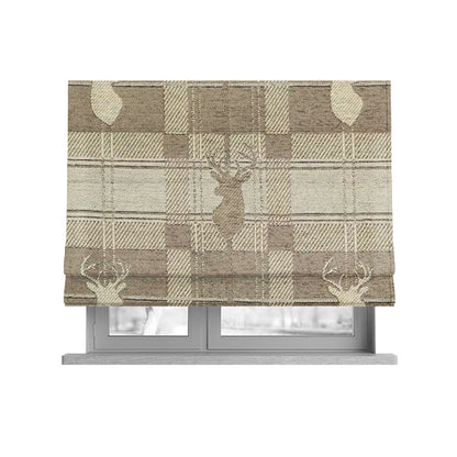 Highland Collection Luxury Soft Like Cotton Feel Stag Deer Head Animal Design On Checked Beige Background Chenille Upholstery Fabric JO-109 - Roman Blinds