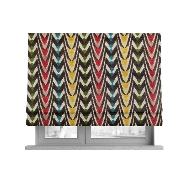 Ziani Designer Curved Pattern In Vibrant Yellow Blue Brown Red Green Colour Velvet Upholstery Fabric JO-116 - Roman Blinds