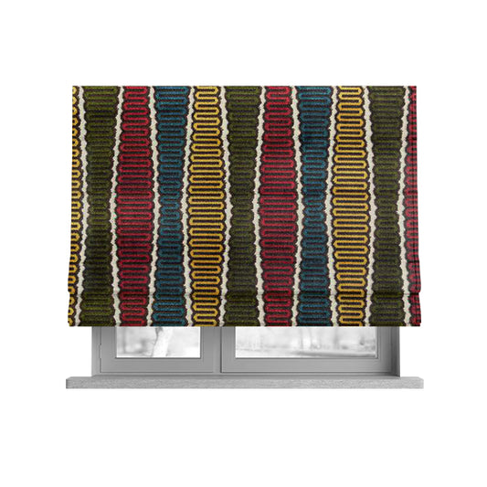 Ziani Designer Eclipsed Striped Pattern In Vibrant Yellow Blue Brown Red Green Colour Velvet Upholstery Fabric JO-144 - Roman Blinds