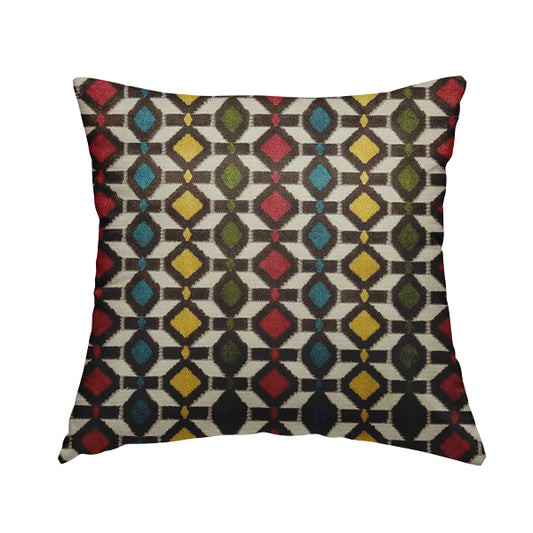 Ziani Designer Geometric Pattern In Vibrant Yellow Blue Brown Pink Green Colour Velvet Fabric JO-148 - Handmade Cushions