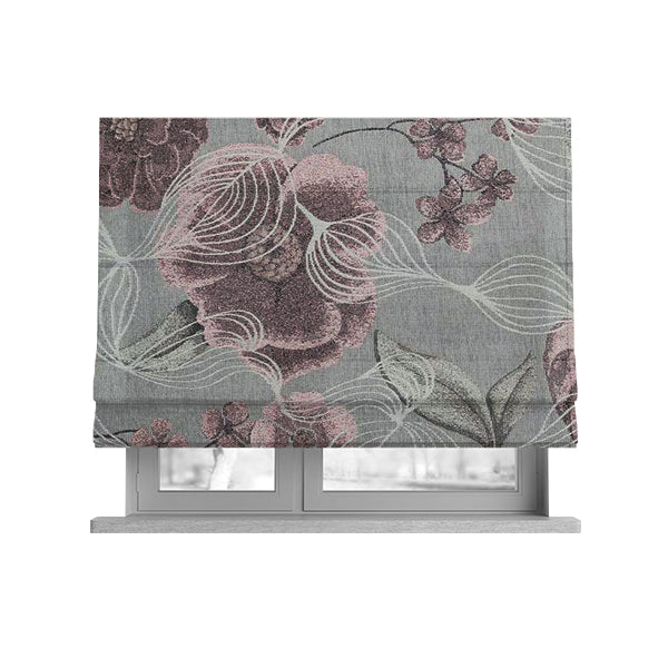 Anna Rose Grey Pink Coloured Floral Inspired Soft Chenille Fabric Material JO-157 - Roman Blinds