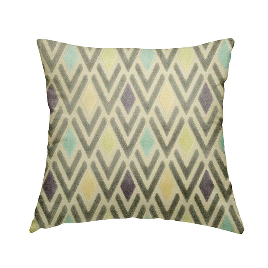 Ziani Cut Velvet Fabric In Geometric Diamond Pattern Winter Yellow Teal Purple Grey Colour JO-165 - Handmade Cushions
