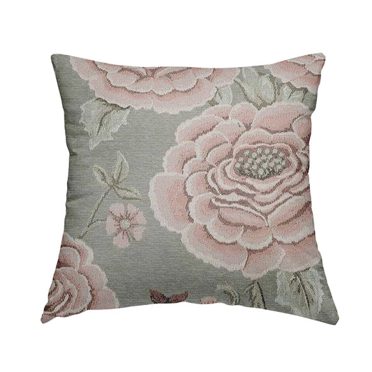 Anna Rose Grey Pink Colour Large Floral Leaf Soft Chenille Fabric JO-169 - Handmade Cushions