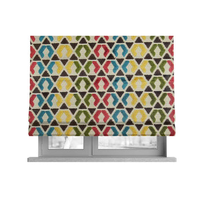 Ziani Designer Geometric Pattern In Vibrant Yellow Blue Brown Pink Green Colour Velvet Fabric JO-180 - Roman Blinds