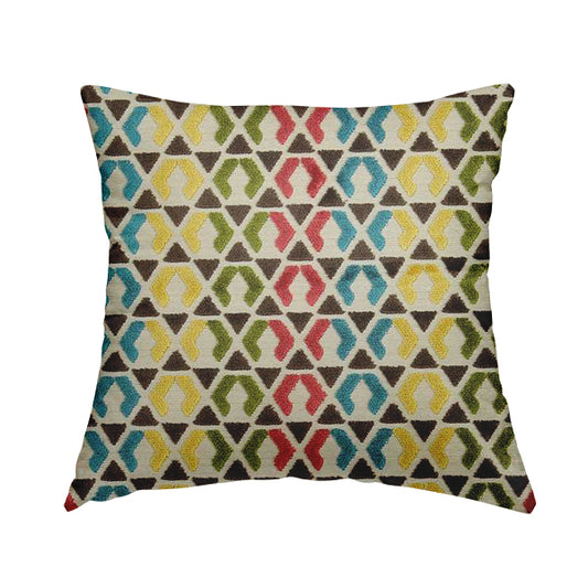 Ziani Designer Geometric Pattern In Vibrant Yellow Blue Brown Pink Green Colour Velvet Fabric JO-180 - Handmade Cushions