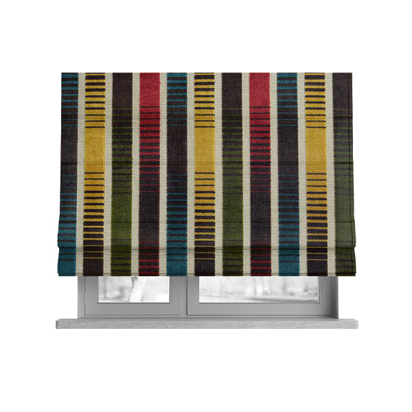 Ziani Designer Faded Striped Pattern In Vibrant Yellow Blue Brown Green Colour Velvet Upholstery Fabric JO-190 - Roman Blinds
