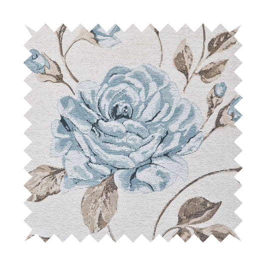 White Blue Colours Floral Flowers Inspired Pattern Soft Chenille Upholstery Fabric JO-205