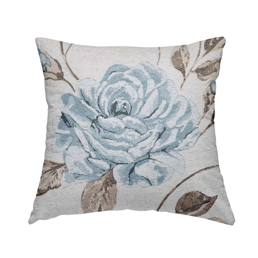 White Blue Colours Floral Flowers Inspired Pattern Soft Chenille Upholstery Fabric JO-205 - Handmade Cushions