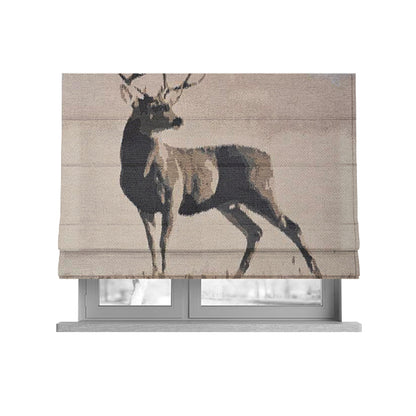 Beige Brown Colour Full Body Stag Animal In Scenery Pattern Soft Chenille Upholstery Fabric JO-209 - Roman Blinds