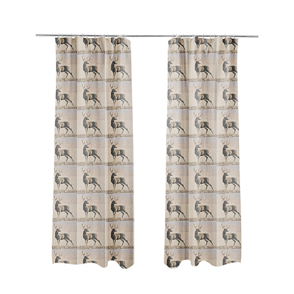 Beige Brown Colour Full Body Stag Animal In Scenery Pattern Soft Chenille Upholstery Fabric JO-209 - Made To Measure Curtains