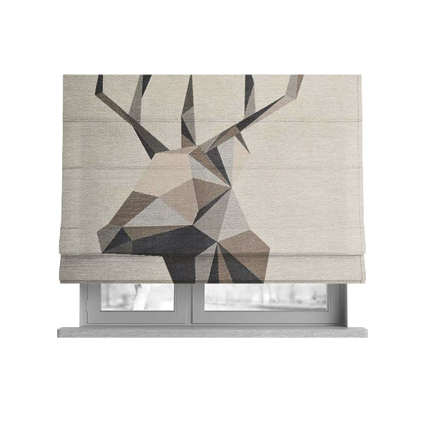 Beige Brown Colour Stag Head Animal In Geometric Pattern Soft Chenille Upholstery Fabric JO-210 - Roman Blinds