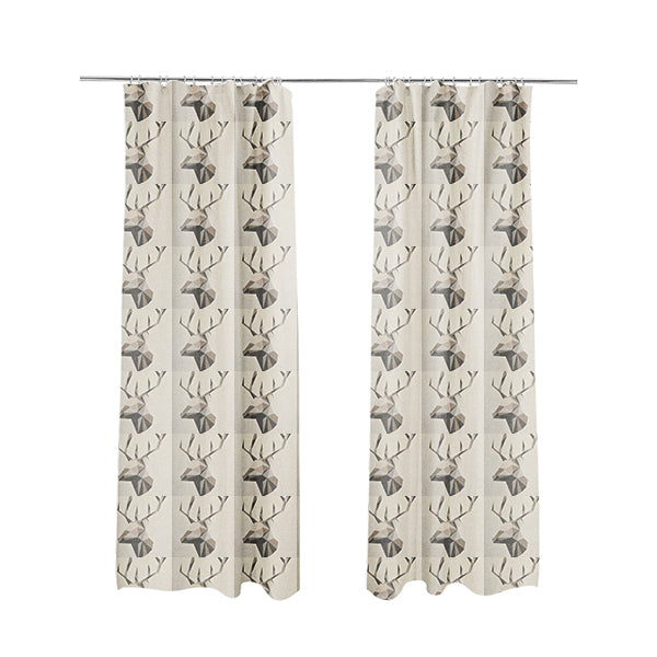Beige Brown Colour Stag Head Animal In Geometric Pattern Soft Chenille Upholstery Fabric JO-210 - Made To Measure Curtains