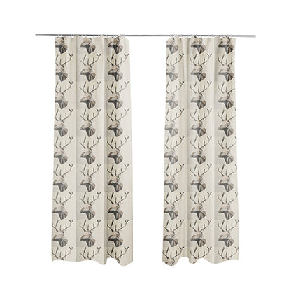 Beige Brown Colour Stag Head Animal In Geometric Pattern Soft Chenille Upholstery Fabric JO-210 - Made To Measure Curtains