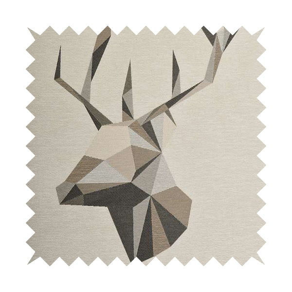 Beige Brown Colour Stag Head Animal In Geometric Pattern Soft Chenille Upholstery Fabric JO-210 - Made To Measure Curtains