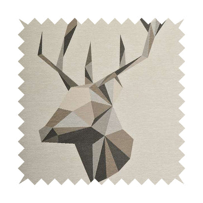 Beige Brown Colour Stag Head Animal In Geometric Pattern Soft Chenille Upholstery Fabric JO-210 - Made To Measure Curtains