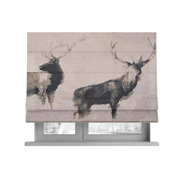 Beige Colour Two Full Stags Animal On Plain Background Pattern Soft Chenille Upholstery Fabric JO-211 - Roman Blinds