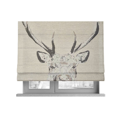 Beige Colour Stag Head Animal On Plain Background Pattern Soft Chenille Upholstery Fabric JO-212 - Roman Blinds