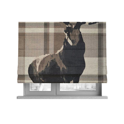 Brown Beige Full Stag Animal On Background Checked Pattern Soft Chenille Upholstery Fabric JO-213 - Roman Blinds