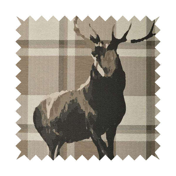 Brown Beige Full Stag Animal On Background Checked Pattern Soft Chenille Upholstery Fabric JO-213 - Handmade Cushions