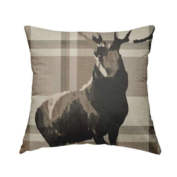 Brown Beige Full Stag Animal On Background Checked Pattern Soft Chenille Upholstery Fabric JO-213 - Handmade Cushions