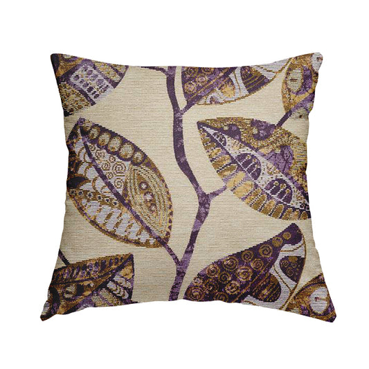 Purple Beige Coloured Floral Inspired Leaf Design Soft Chenille Upholstery Fabric JO-217 - Handmade Cushions