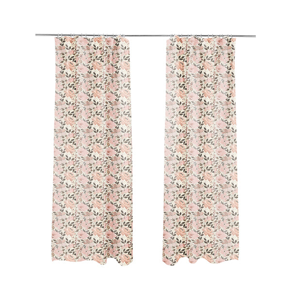 Natural With Pink Floral Theme Design Soft Chenille Upholstery Fabric JO-218 - Made To Measure Curtains