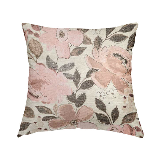 Natural With Pink Floral Theme Design Soft Chenille Upholstery Fabric JO-218 - Handmade Cushions