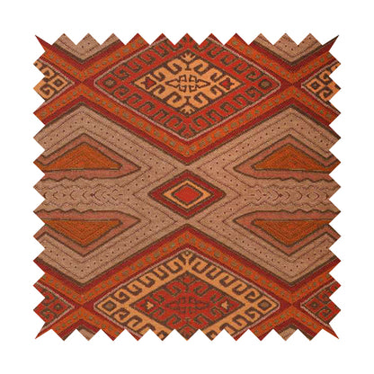 Brown Orange Red Colour Kilim Aztec Geometric Design Soft Chenille Upholstery Fabric JO-219