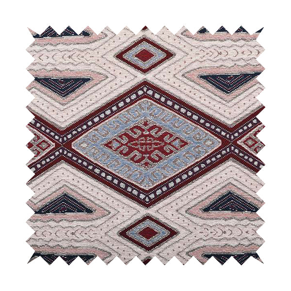 Cream Wine Blue Colour Kilim Aztec Geometric Design Soft Chenille Upholstery Fabric JO-220