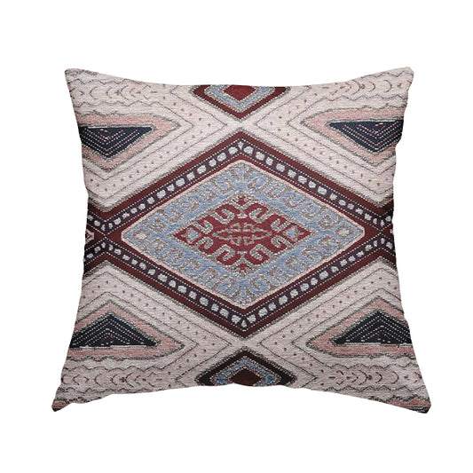 Cream Wine Blue Colour Kilim Aztec Geometric Design Soft Chenille Upholstery Fabric JO-220 - Handmade Cushions