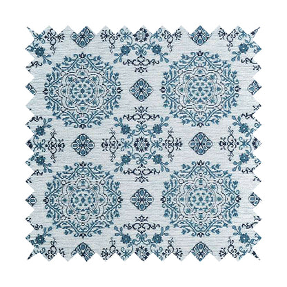 White Blue Medallion Design Soft Chenille Upholstery Fabric JO-224
