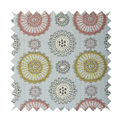 Light Blue Yellow Pink Coloured Round Medallion Inspired Design Soft Chenille Upholstery Fabric JO-227