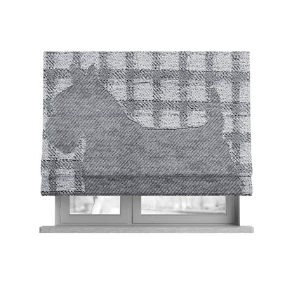 Highland Collection Luxury Soft Like Cotton Scottish Terrier Scottie Dog Animal Design On Checked Grey White Background Chenille Upholstery Fabric JO-233 - Roman Blinds