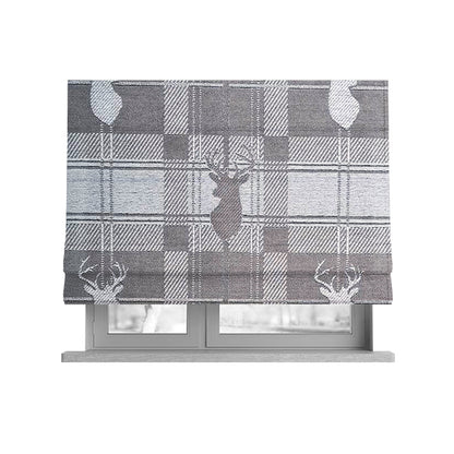 Highland Collection Luxury Soft Like Cotton Feel Stag Deer Head Animal Design On Checked Grey White Background Chenille Upholstery Fabric JO-234 - Roman Blinds