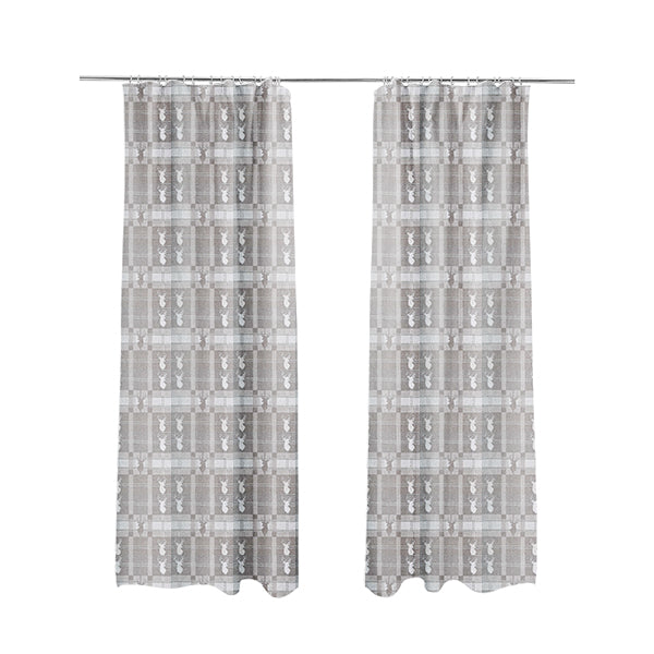 Highland Collection Luxury Soft Like Cotton Feel Stag Deer Head Animal Design On Checked Grey White Background Chenille Upholstery Fabric JO-234 - Made To Measure Curtains