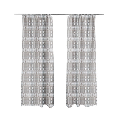 Highland Collection Luxury Soft Like Cotton Feel Stag Deer Head Animal Design On Checked Grey White Background Chenille Upholstery Fabric JO-234 - Made To Measure Curtains