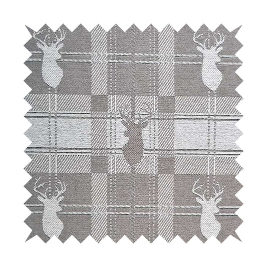 Highland Collection Luxury Soft Like Cotton Feel Stag Deer Head Animal Design On Checked Grey White Background Chenille Upholstery Fabric JO-234