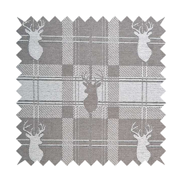 Highland Collection Luxury Soft Like Cotton Feel Stag Deer Head Animal Design On Checked Grey White Background Chenille Upholstery Fabric JO-234 - Made To Measure Curtains