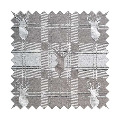 Highland Collection Luxury Soft Like Cotton Feel Stag Deer Head Animal Design On Checked Grey White Background Chenille Upholstery Fabric JO-234 - Made To Measure Curtains
