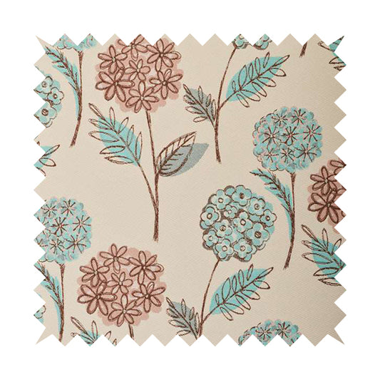 Teal Pink Natural Brown Colours Calico Floral Flower Pattern Chenille Upholstery Fabric JO-243