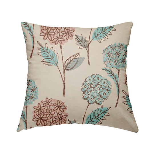 Teal Pink Natural Brown Colours Calico Floral Flower Pattern Chenille Upholstery Fabric JO-243 - Handmade Cushions